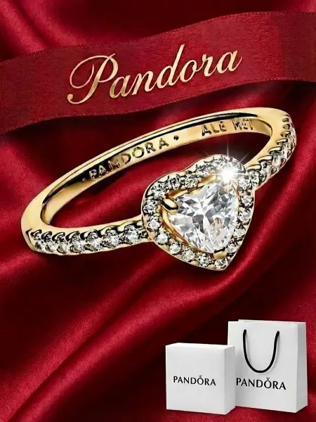Pandora Кольцо золотистое Возвышенное белое сердце