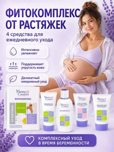 Набор средств от растяжек: Бальзам-гель, крем для тела, гель для душа с витаминами и пребиотиком, гель по уходу за кожей груди