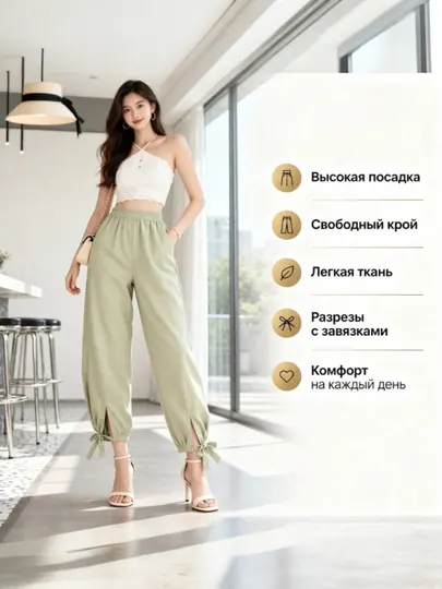 Женские брюки-бананы с высокой посадкой, с разрезами и завязками, летние свободные штаны