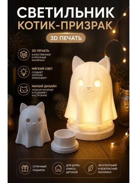 Фигурка светильник "Котик-призрак" под светодиодную свечу