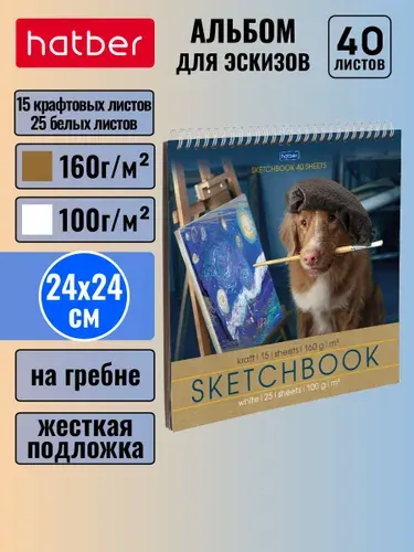 Блокнот SketchBook Premium Hatber 40л (15л. крафт 160г +25л белый офсет 100г) 240х240мм без линовки, жесткая подложка -Художник по имени Гав-