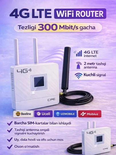 4G LTE WiFi роутер CPE с внешней антенной 2 м, скорость до 300 Мбит/с, SIM-карта