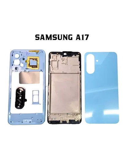 Комплект корпуса для Samsung A17: задняя крышка, рамка (ободок), лоток SIM-карты и кнопки.