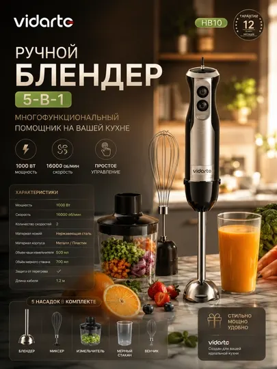 Блендер погружной Vidarte HB10 5-в-1, 1000 Вт, 12 скоростей, нержавеющая сталь