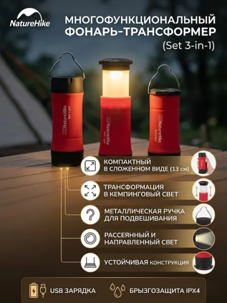Кемпинговый фонарь 3-в-1 / светодиодный фонарь для палатки на батарейках