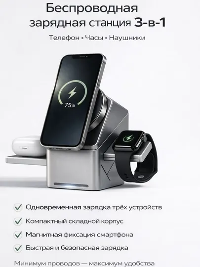 Беспроводная зарядная станция 3-в-1 магнитная для телефона, часов и наушников