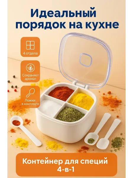Mega Mix Контейнер для специй с ложками и крышкой 4-в-1 герметичный
