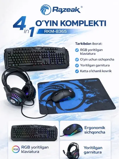 Игровой комплект для ПК 4-в-1 RGB: клавиатура, мышь, наушники, коврик