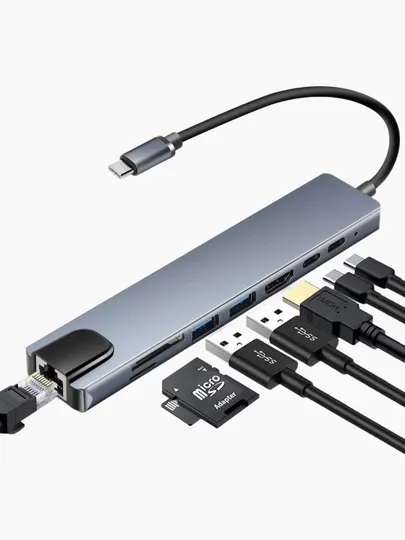 HVV 8-в-1 USB-C Хаб с 4K HDMI, RJ45 и SD/TF для MacBook и Windows
