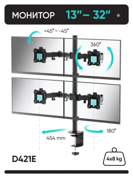 ONKRON Кронштейн для четырех мониторов 13"-32" D421E, до 32 кг