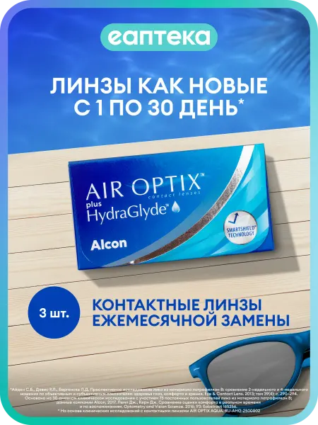 Air Optix Alcon Контактные линзы AIR OPTIX plus HydraGlyde, 3 шт, -4.0…