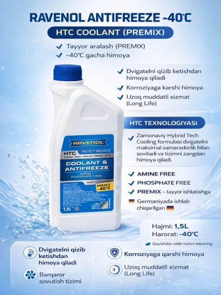 RAVENOL HTC ANTIFREEZE -40°C PREMIX Готовая охлаждающая жидкость, 1,5 л, Антифриз
