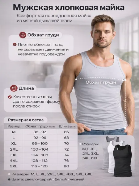 Мужская базовая майка 100% хлопок, дышащая классическая майка для мужчин M-6XL