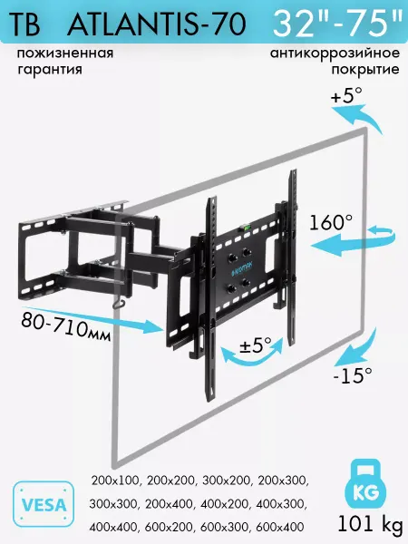 Kromax Кронштейн для телевизора 32"-75" настенный ATLANTIS-70