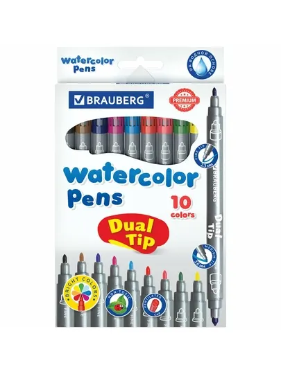 BRAUBERG PREMIUM DUAL-TIP Фломастеры двусторонние 10 шт., 10 цв., арт. 151946