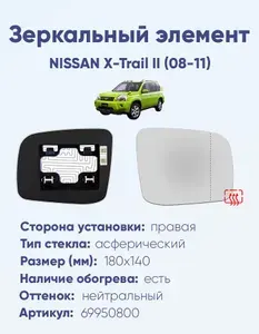 Зеркальный элемент для автомобиля NISSAN X-Trail II (08-11) асферика нейтральный с обогревом правая
