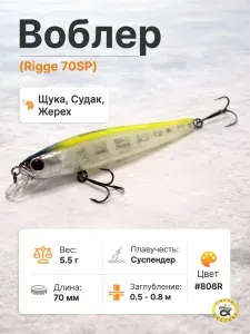 Воблер Rigge на щуку, окуня, судака, жереха, форель SP 70mm 5.5g #806R