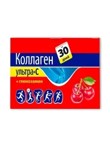 Коллаген ультра+с+глюкозамин со вкусом вишни, витамины для суставов, связок и костей, пакет-саше №30 по 8 гр