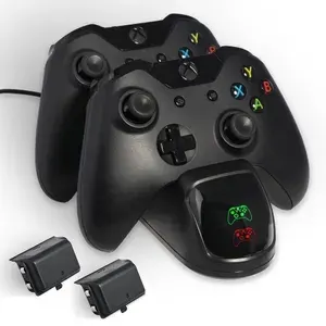 Станция зарядная Stand для 2-х геймпадов (джойстиков) Xbox one со световым индикатором +USB кабель+ 2 аккумулятора 1200mAh,черный цвет