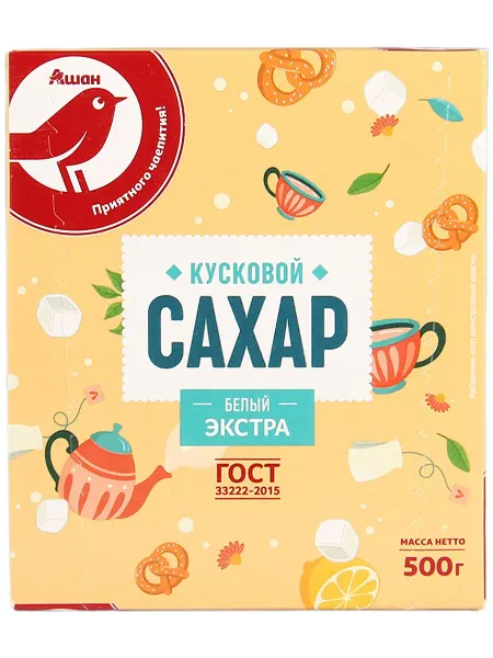 Сахар АШАН Красная птица Экстра кусковой белый, 0.5 кг