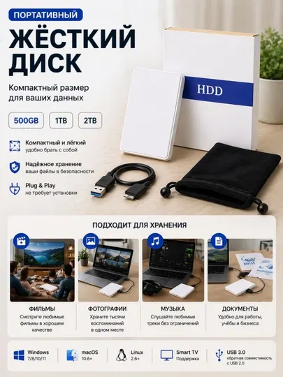 Внешний жесткий диск HDD USB 3.0 160 ГБ 250 ГБ 320 ГБ 500 ГБ, 750 ГБ, 1 ТБ