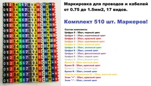 HM10 Маркеры для проводов и кабелей от 0.75 до 1.5мм2, 17 видов (комплект 510шт), кабельная бирка