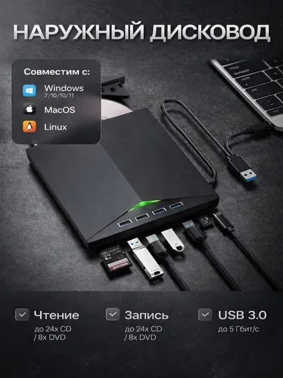 Внешний дисковод 7 в 1 с записью для ноутбука и ПК, CD/DVD привод с USB 3.0 / Type-C