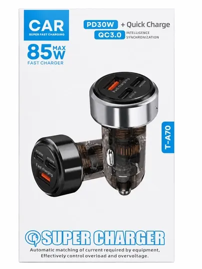 Автомобильное зарядное устройство 85W PD30W QC3.0 Type-C + 2 USB 12-24V T-A70