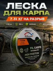 Леска рыболовная карповая 0.16 мм 150 м, 7.31 кг на разрыв, зелёная, прочная, для рыбалки