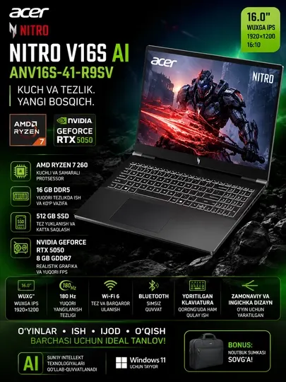 Ноутбук ACER NITRO V15S AI ANV16S‑41‑R9SV AMD R7‑260/16GB/512GB SSD/8GB RTX 5050/16.0″
