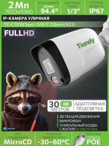 IP-камера видеонаблюдения Tiandy TC-C321N I3/E/Y/2.8mm/V2.0 2Мп 2,8мм ИК CMOS PoE уличная цилиндрическая микрофон