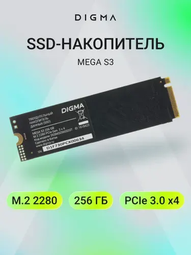 Digma 256 ГБ Внутренний SSD-диск Mega S3 M.2 2280, PCIe 3.0 x4, NVMe, M.2, PCI-E 3.0 (DGSM3256GS33T)