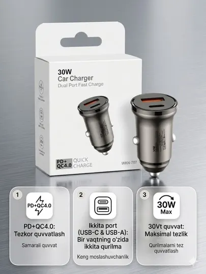 Автомобильное зарядное устройство 30W PD+QC4.0, быстрая зарядка, 2 порта, универсальное