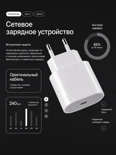 Сетевое зарядное устройство USB-C 20 Вт, белый Блoк для зарядки iPhone и Android Зарядное устройство Type C Белый PD QC3.0