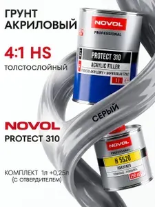 Грунт автомобильный акриловый серый NOVOL PROTECT 310 HS, грунт наполнитель 4+1 для авто, комплект 1 л + отвердитель 0.25 л (37111 + 35822)