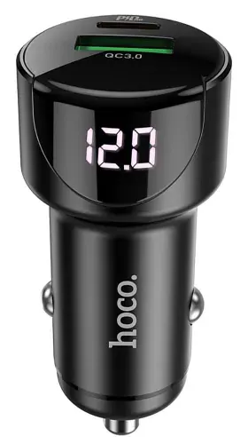 Автомобильная зарядка c дисплеем Hoco Z42 Light road dual port digital display PD20W+QC3.0 car charger black