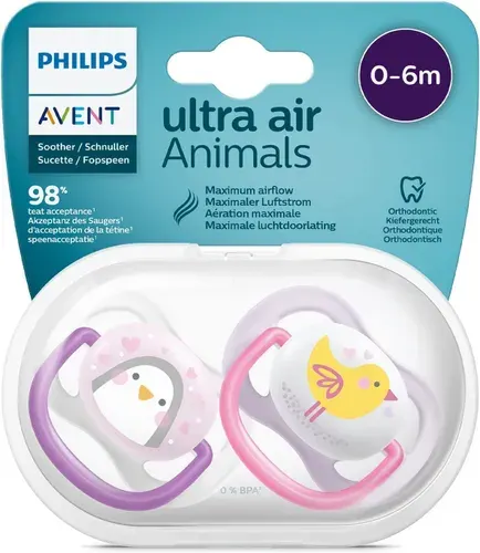 Соска-пустышка силиконовая Philips Avent ultra air SCF080/06 с футляром для хранения и стерилизации, 0-6 мес, 2 шт