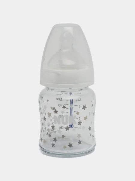 Бутылка NUK First Choice Plus, стекло, термоконтроль, 120 мл, 0-6 месяцев, силикон, M