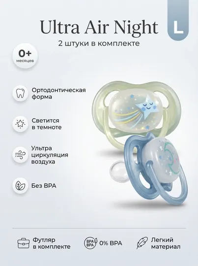 Пустышка ортодонтическая ночная, светится в темноте, для новорожденных 0+ мес, 2 шт