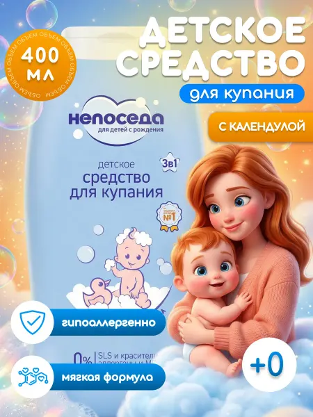 Непоседа Детское средство 0+ гель для купания новорожденных 3 в 1