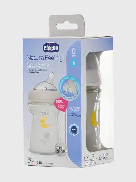 Бутылочка для малышей Chicco Natural Feeling, стеклянная, 0+, 250 мл
