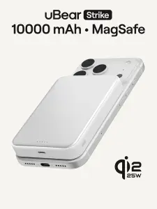 Внешний аккумулятор павербанк uBear Strike Power bank 10 000 mAh, MagSafe, Qi2.2, полутвердотельная, Semi-solid, Power Delivery 30Вт, сквозная зарядка, многоуровневая защита, USB-C/USB-C, белый