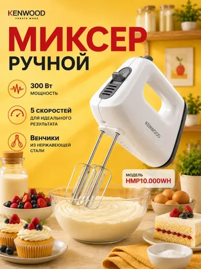 Миксер ручной Kenwood HMP10.000WH 300 Вт с 5 скоростями и венчиками
