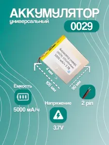Аккумулятор универсальный для планшета и электронной книги 0029, 5000 мАч, 105x90x4 мм, 2 pin