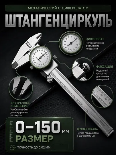 Штангенциркуль механический TUOSEN 241109 с циферблатом, размер 0–150 мм