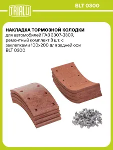 Накладка тормозной колодки для автомобилей ГАЗ 3307 3309, ремонтный комплект 8 шт. с заклепками 100х200 для задней оси TRIALLI BLT 0300