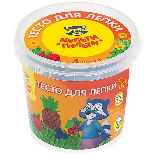 8 шт. Тесто для лепки Мульти-Пульти "Енот на каникулах", 04 цвета*60г, пластиковый стакан