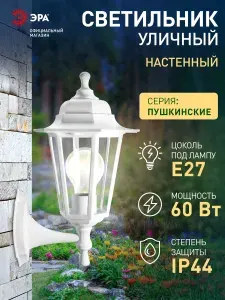 Светильник уличный садовый настенный фасадный ЭРА НБУ 06 60Вт 230В 1хЕ27 IP44 белый 6-ти гранный