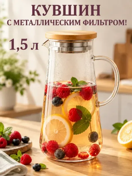 GT Кувшин для воды графин стеклянный с крышкой 1.25 л