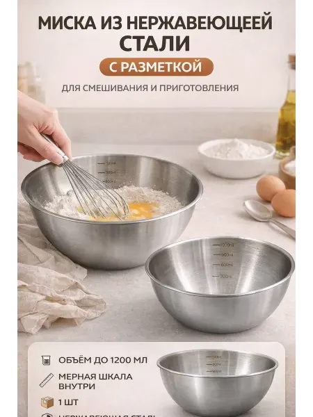 ОКЕН Миска кухонная из нержавеющей стали с разметкой 1,2 л
